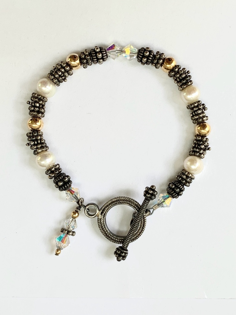 cultured pearl faceted glass prism golden round beads dark silver tone bracelet